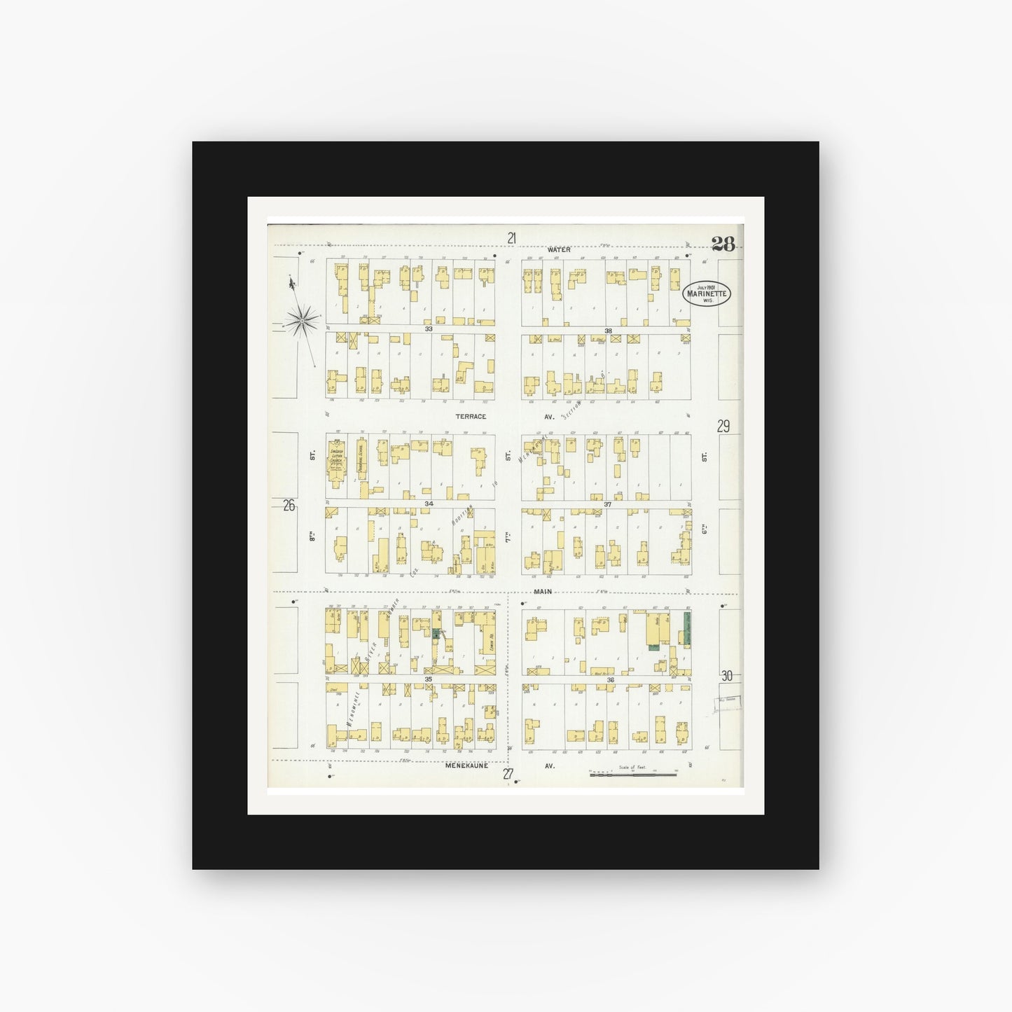Old map wall art mockup — black gallery frame with white mat — Sanborn Fire Insurance Map from Marinette, Marinette County, Wisconsin (1901), Sheet #0028