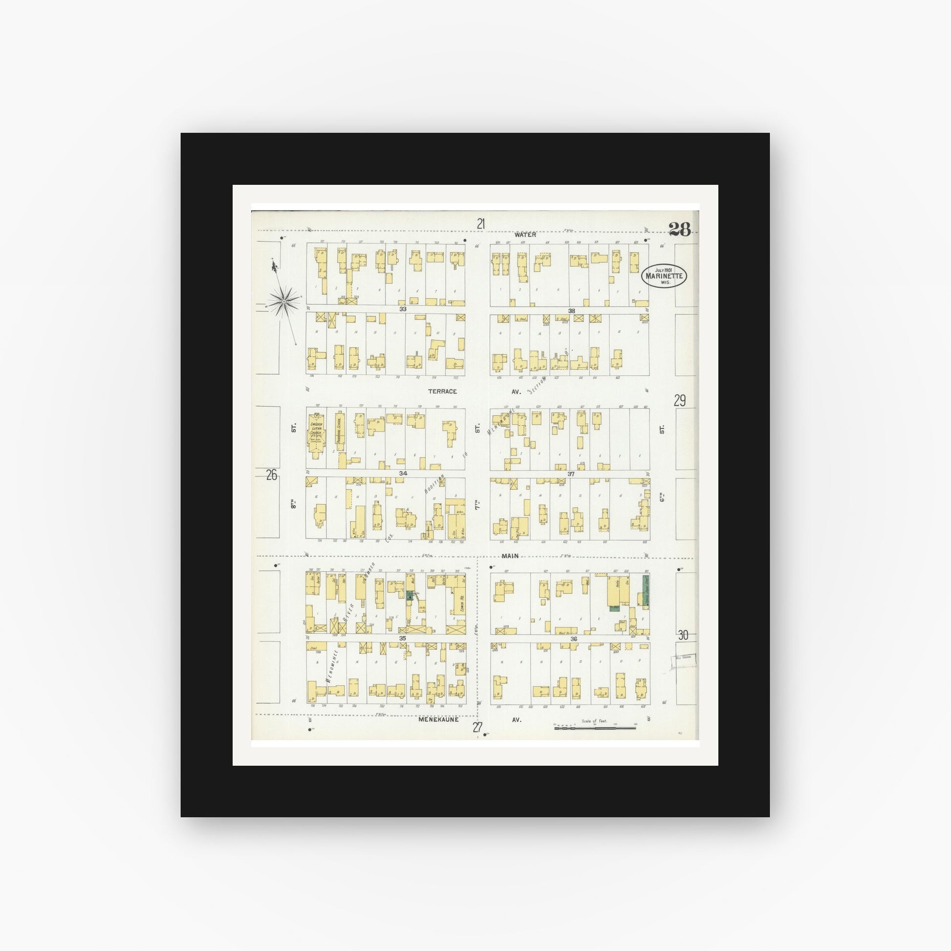 Old map wall art mockup — black gallery frame with white mat — Sanborn Fire Insurance Map from Marinette, Marinette County, Wisconsin (1901), Sheet #0028