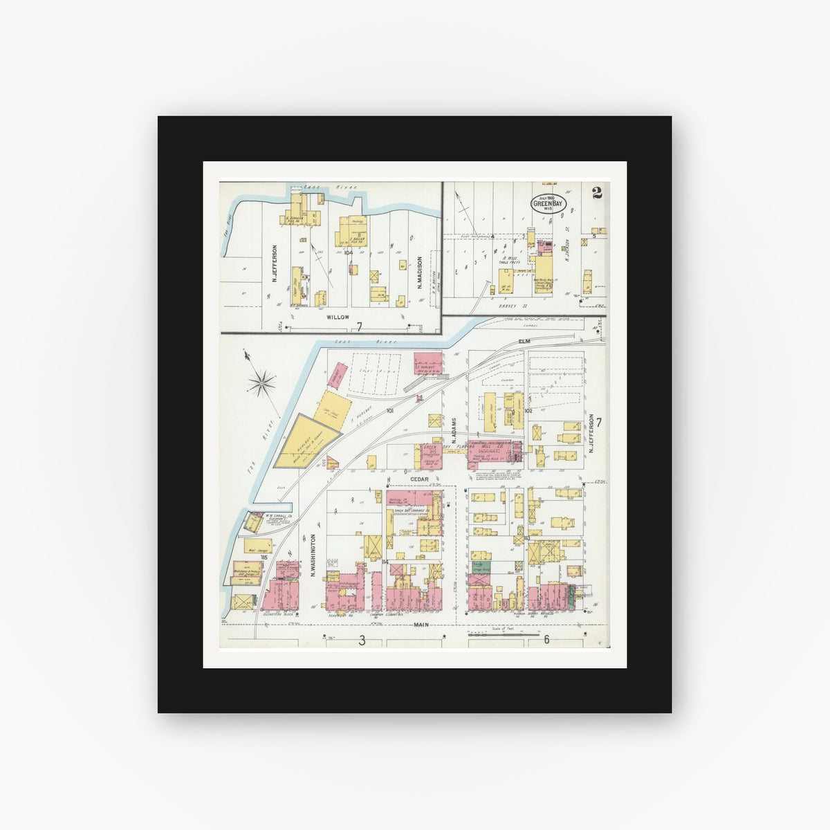 Old map wall art mockup — black gallery frame with white mat — Sanborn Fire Insurance Map from Green Bay, Brown County, Wisconsin (1900), Sheet #0002