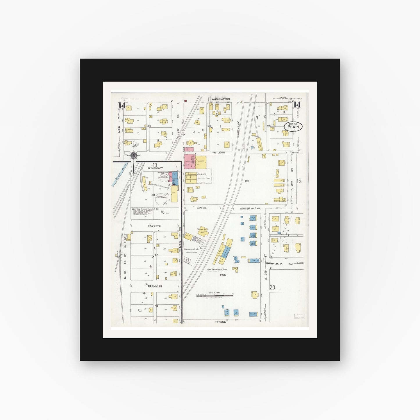 Old map wall art mockup — black gallery frame with white mat — Sanborn Fire Insurance Map from Pekin, Tazewell County, Illinois (1925), Sheet #0014