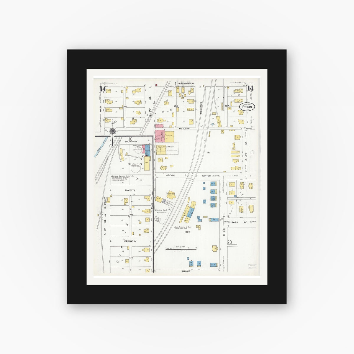 Old map wall art mockup — black gallery frame with white mat — Sanborn Fire Insurance Map from Pekin, Tazewell County, Illinois (1925), Sheet #0014
