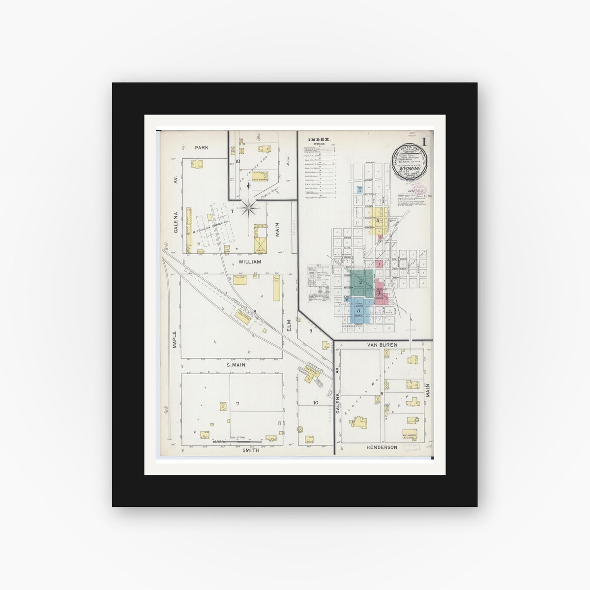 Old map wall art mockup — black gallery frame with white mat — Sanborn Fire Insurance Map from Wyoming, Stark County, Illinois (1893) - Complete Map Set