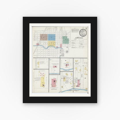 Old map wall art mockup — black gallery frame with white mat — Sanborn Fire Insurance Map from Pontiac, Livingston County, Illinois (1892), Sheet #0001