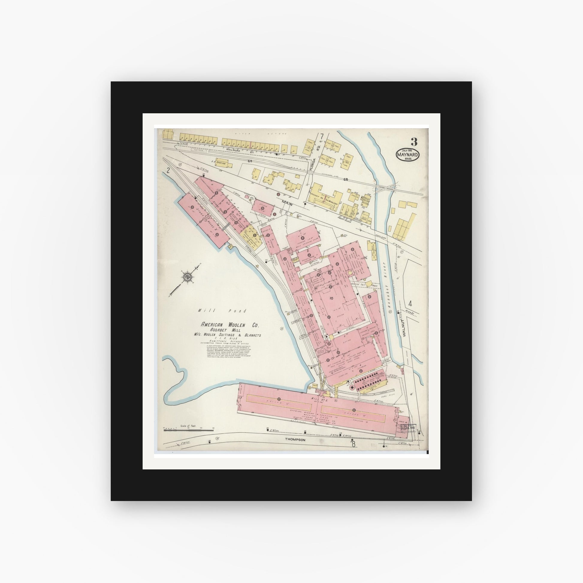 Old map wall art mockup — black gallery frame with white mat — Sanborn Fire Insurance Map from Maynard, Middlesex County, Massachusetts (1915), Sheet #0003