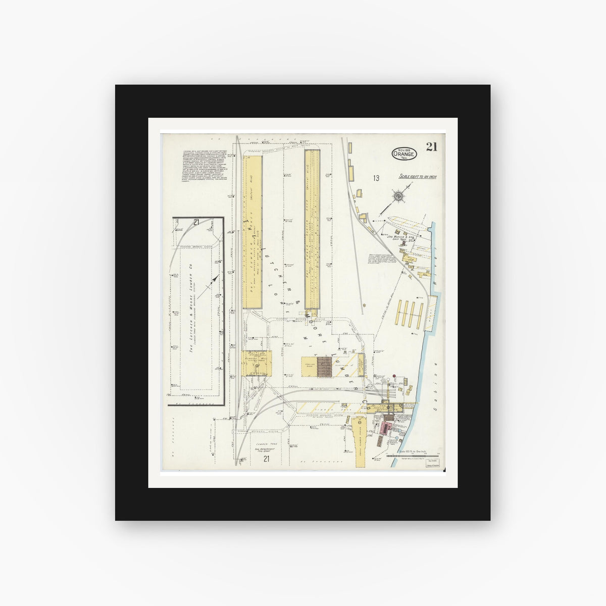 Old map wall art mockup — black gallery frame with white mat — Sanborn Fire Insurance Map from Orange, Orange County, Texas (1919), Sheet #0021