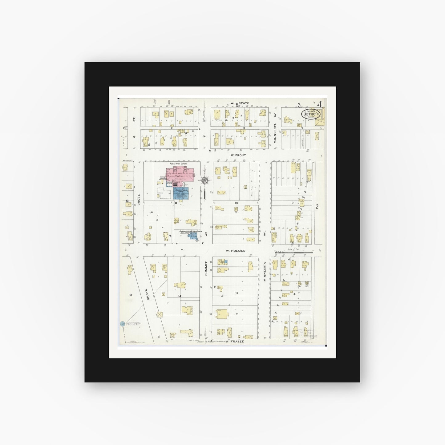 Old map wall art mockup — black gallery frame with white mat — Sanborn Fire Insurance Map from Detroit Lakes, Becker County, Minnesota (1909), Sheet #0004