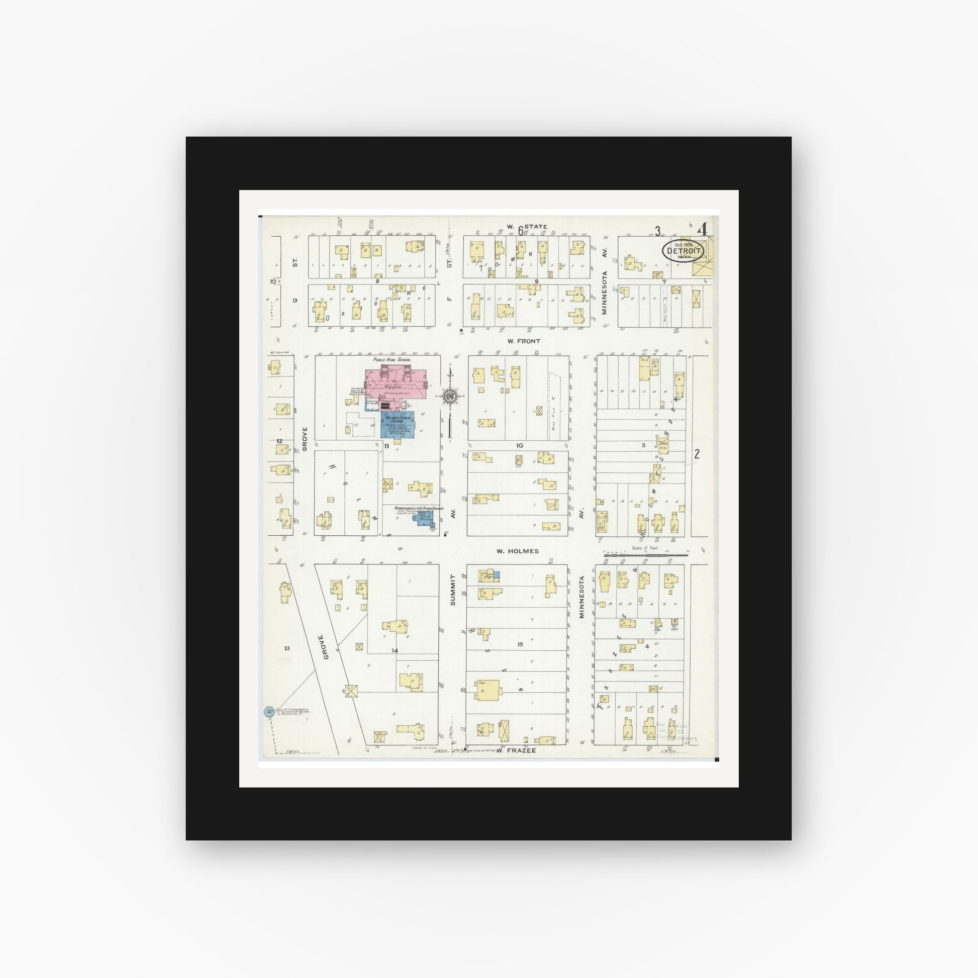Old map wall art mockup — black gallery frame with white mat — Sanborn Fire Insurance Map from Detroit Lakes, Becker County, Minnesota (1909), Sheet #0004