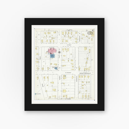 Old map wall art mockup — black gallery frame with white mat — Sanborn Fire Insurance Map from Detroit Lakes, Becker County, Minnesota (1909), Sheet #0004