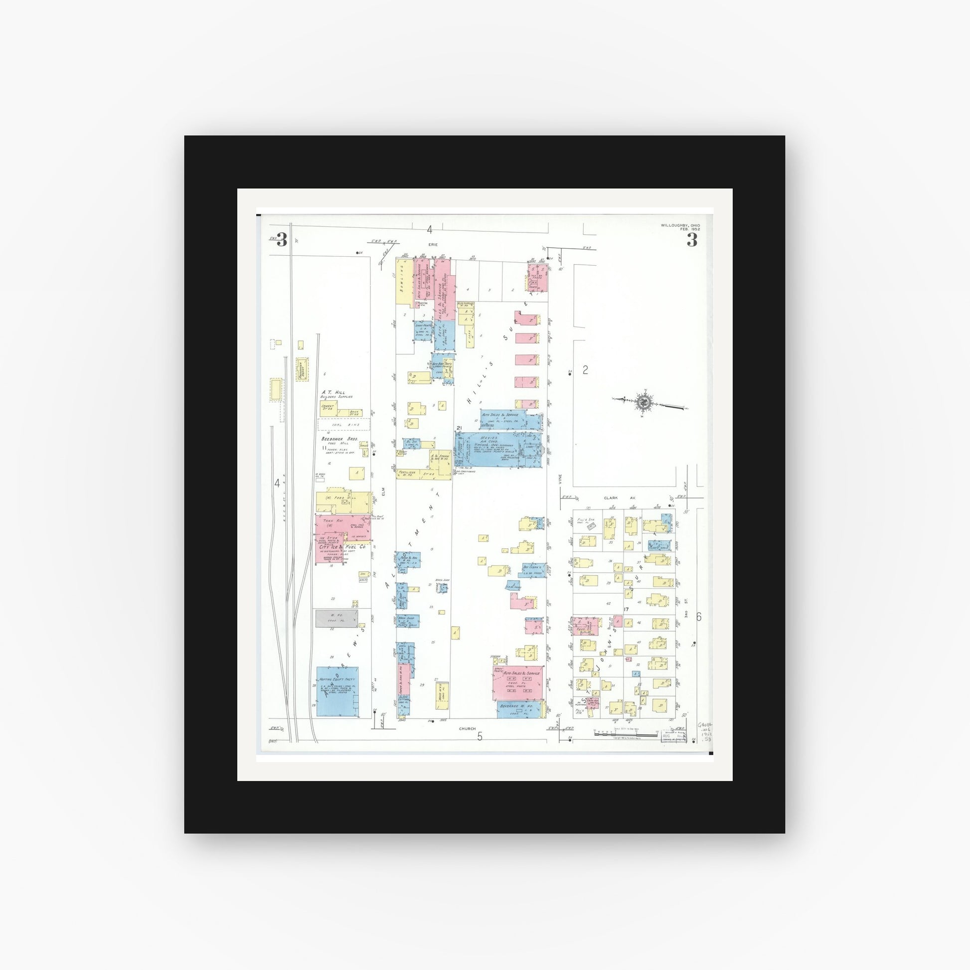 Old map wall art mockup — black gallery frame with white mat — Sanborn Fire Insurance Map from Willoughby, Lake County, Ohio (1952), Sheet #0003