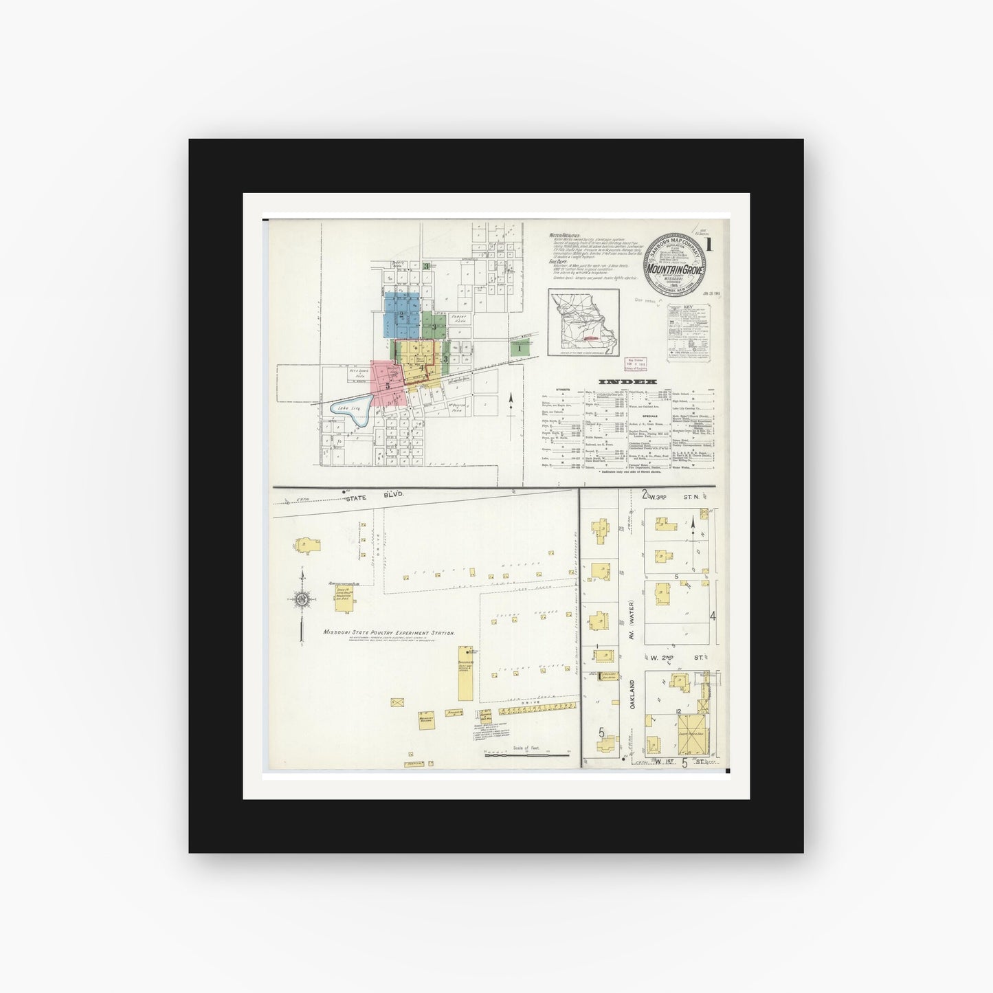 Old map wall art mockup — black gallery frame with white mat — Sanborn Fire Insurance Map from Mountain Grove, Wright County, Missouri (1915) - Complete Map Set