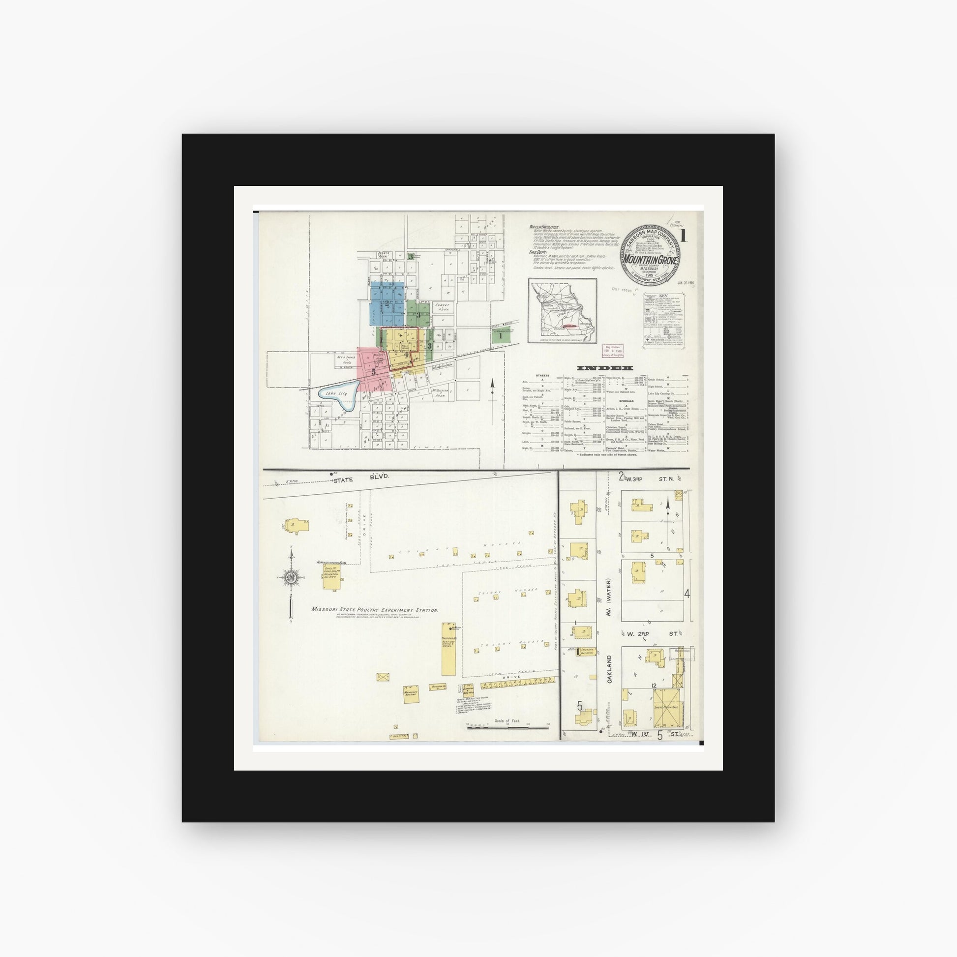 Old map wall art mockup — black gallery frame with white mat — Sanborn Fire Insurance Map from Mountain Grove, Wright County, Missouri (1915) - Complete Map Set