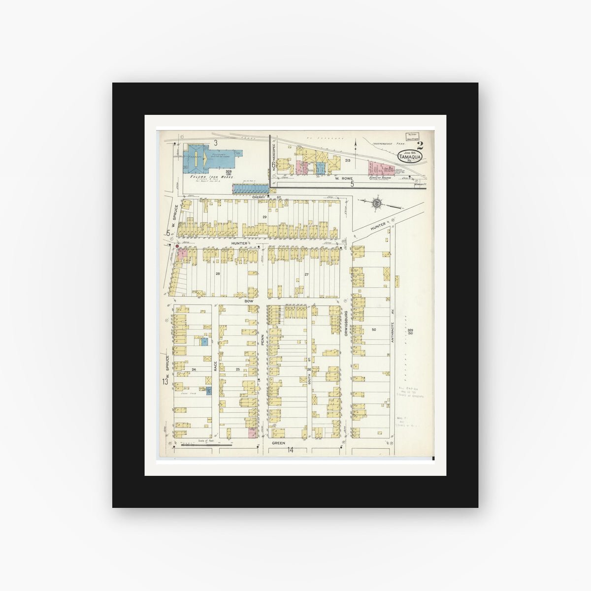 Old map wall art mockup — black gallery frame with white mat — Sanborn Fire Insurance Map from Tamaqua, Schuylkill County, Pennsylvania (1915), Sheet #0002