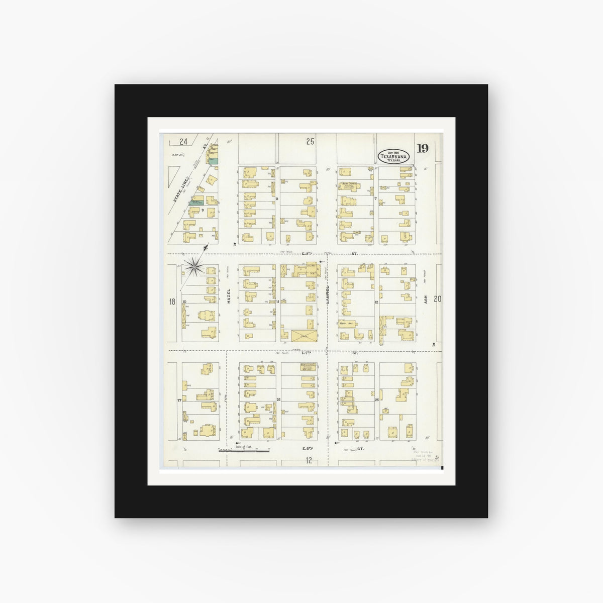 Old map wall art mockup — black gallery frame with white mat — Sanborn Fire Insurance Map from Texarkana, Bowie County, Texas (1905), Sheet #0019
