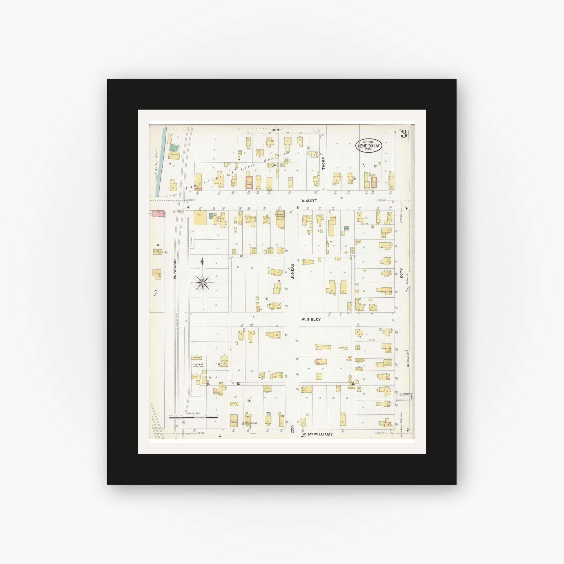 Old map wall art mockup — black gallery frame with white mat — Sanborn Fire Insurance Map from Fond du Lac, Fond du Lac County, Wisconsin (1908), Sheet #0003