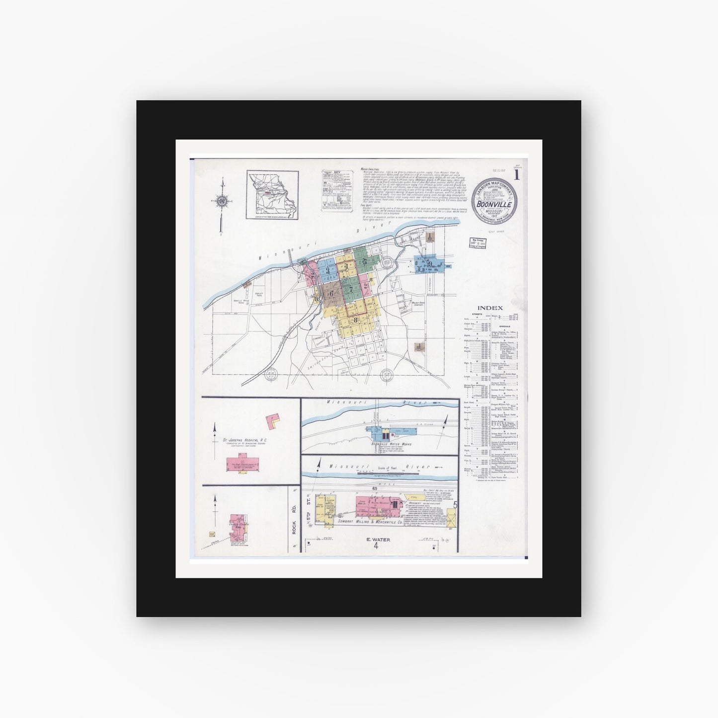 Old map wall art mockup — black gallery frame with white mat — Sanborn Fire Insurance Map from Boonville, Cooper County, Missouri (1917) - Complete Map Set