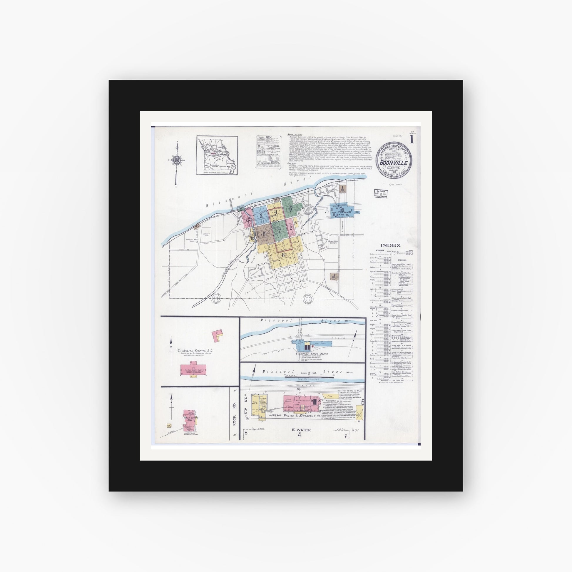 Old map wall art mockup — black gallery frame with white mat — Sanborn Fire Insurance Map from Boonville, Cooper County, Missouri (1917) - Complete Map Set