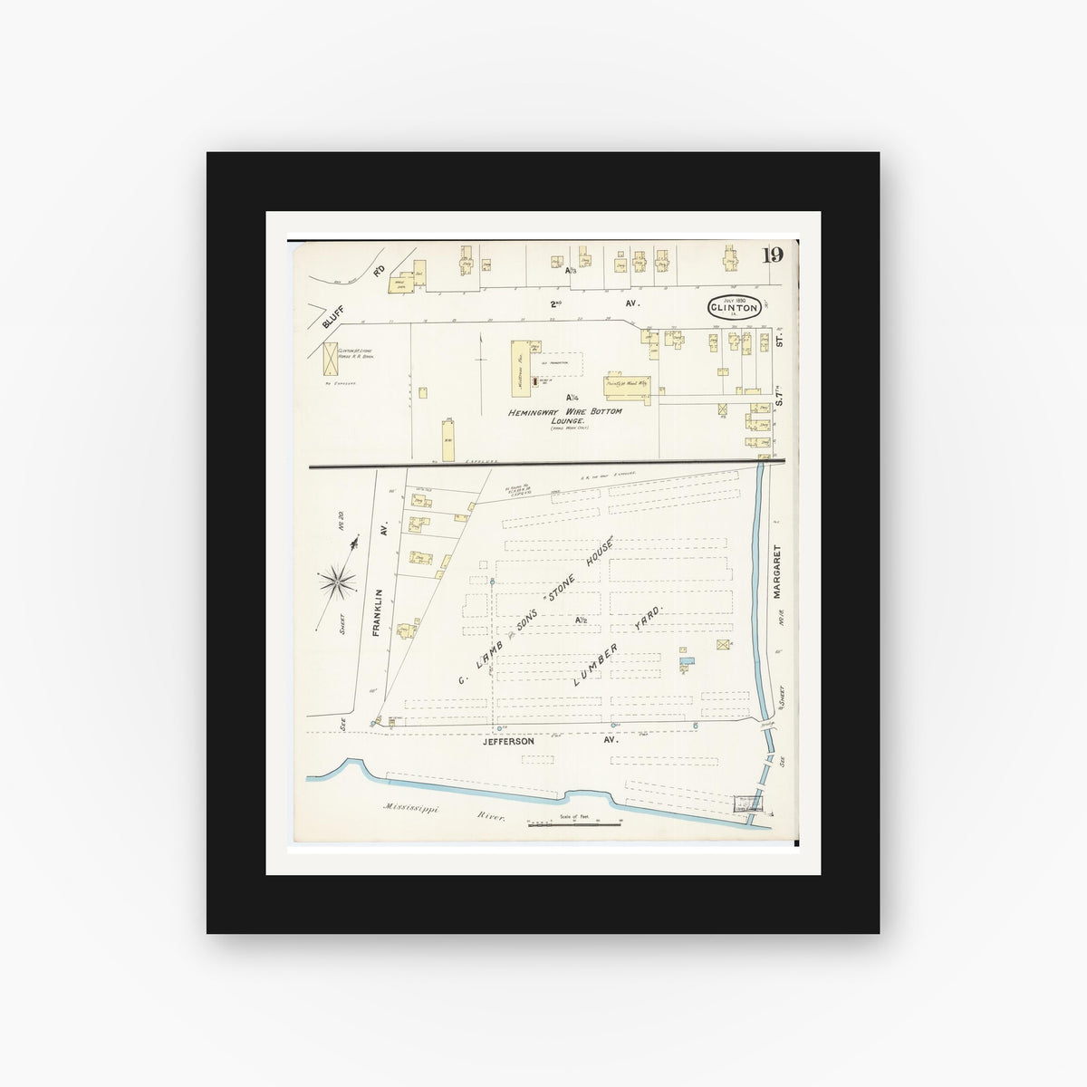 Old map wall art mockup — black gallery frame with white mat — Sanborn Fire Insurance Map from Clinton, Clinton County, Iowa (1890), Sheet #0019