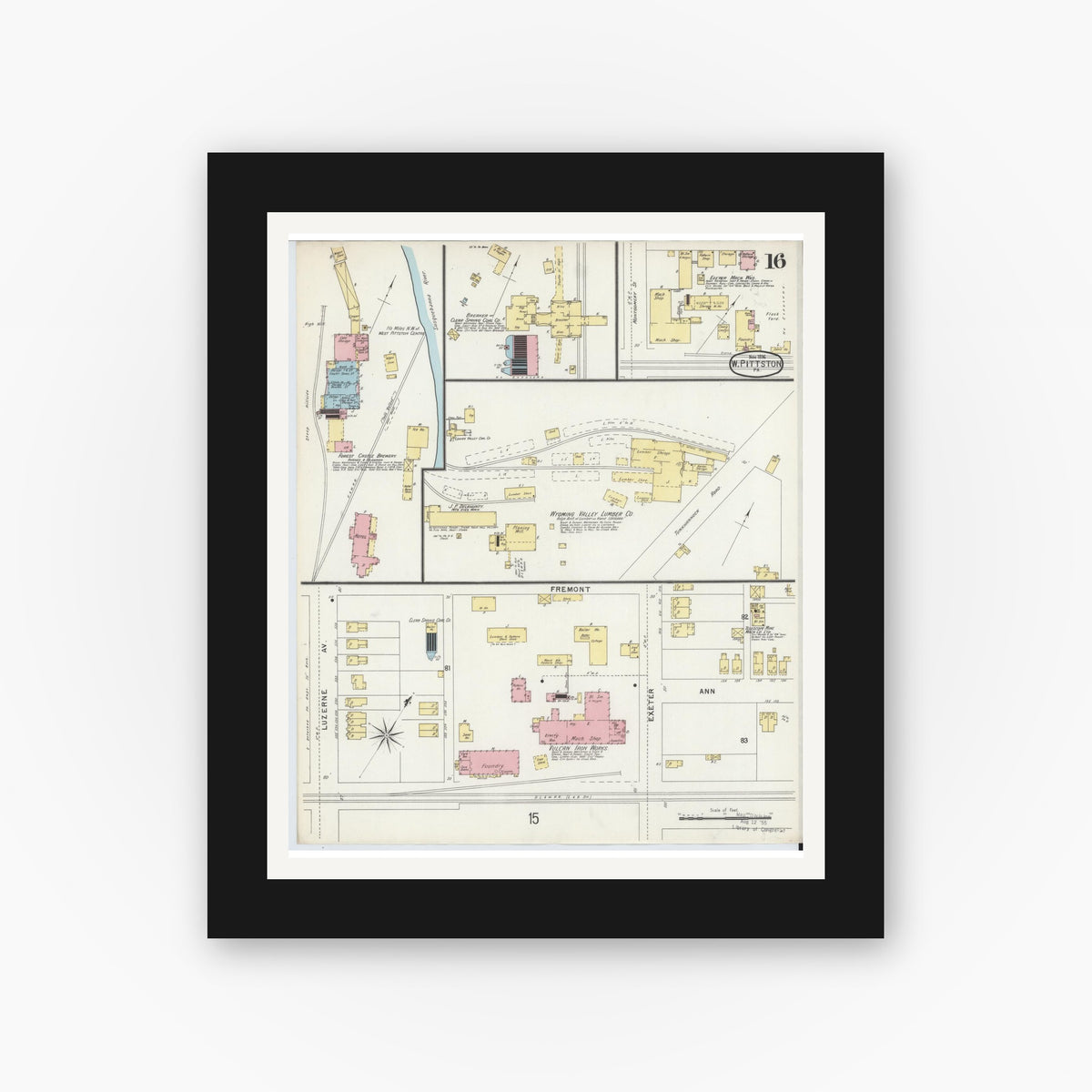 Old map wall art mockup — black gallery frame with white mat — Sanborn Fire Insurance Map from Pittston, Luzerne County, Pennsylvania (1896), Sheet #0016