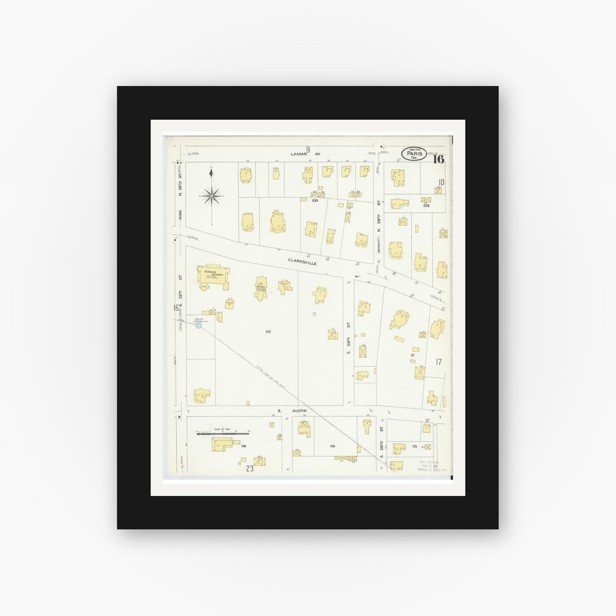 Old map wall art mockup — black gallery frame with white mat — Sanborn Fire Insurance Map from Paris, Lamar County, Texas (1908), Sheet #0016