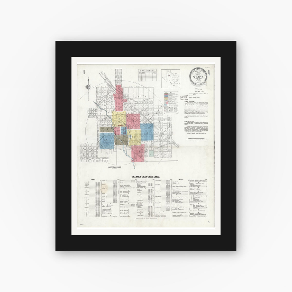 Old map wall art mockup — black gallery frame with white mat — Sanborn Fire Insurance Map from Snyder, Scurry County, Texas (1936), Sheet #0001