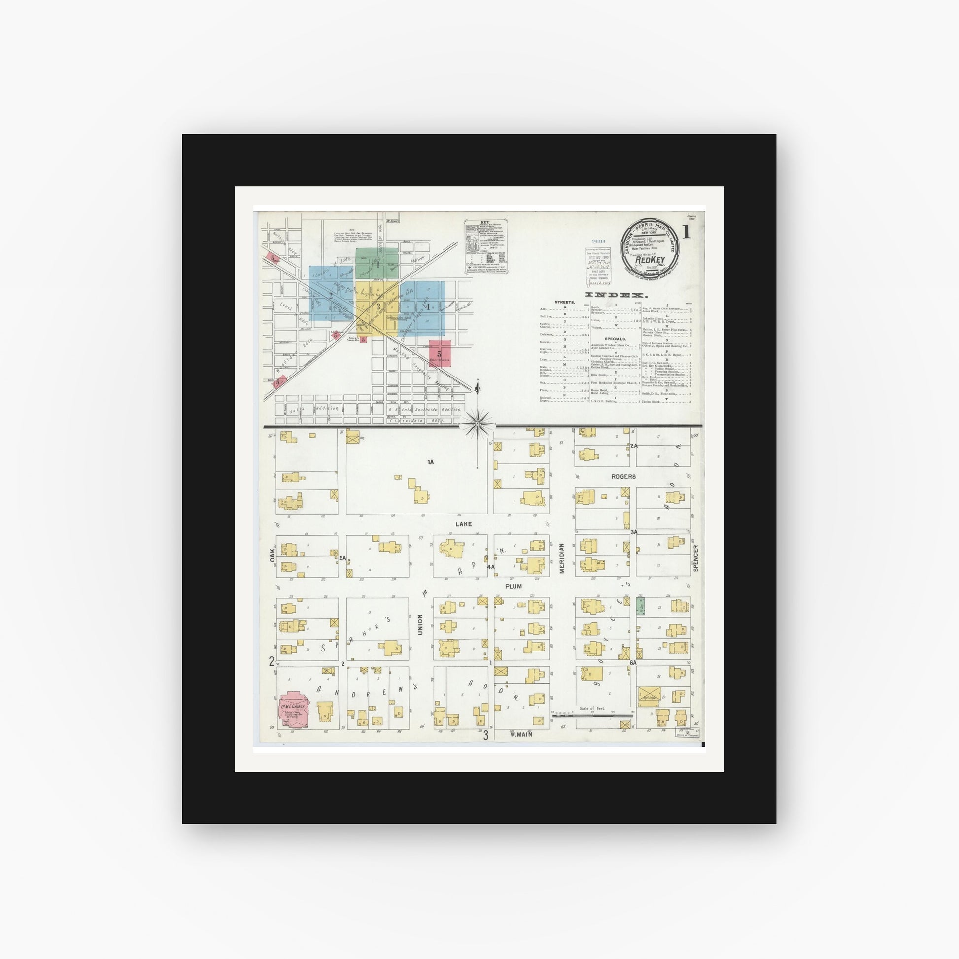Old map wall art mockup — black gallery frame with white mat — Sanborn Fire Insurance Map from Redkey, Jay County, Indiana (1900), Sheet #0001