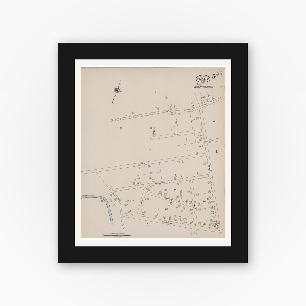 Old map wall art mockup — black gallery frame with white mat — Sanborn Fire Insurance Map from Templeton, Worcester County, Massachusetts (1922), Sheet #0005