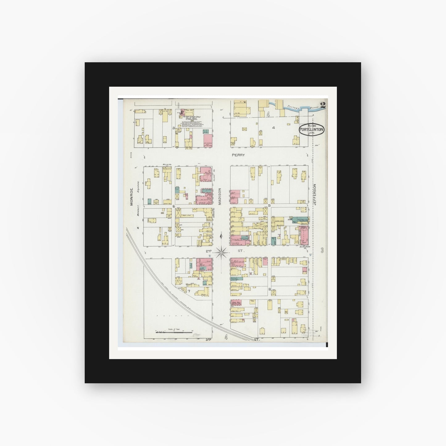 Old map wall art mockup — black gallery frame with white mat — Sanborn Fire Insurance Map from Port Clinton, Ottawa County, Ohio (1893), Sheet #0002