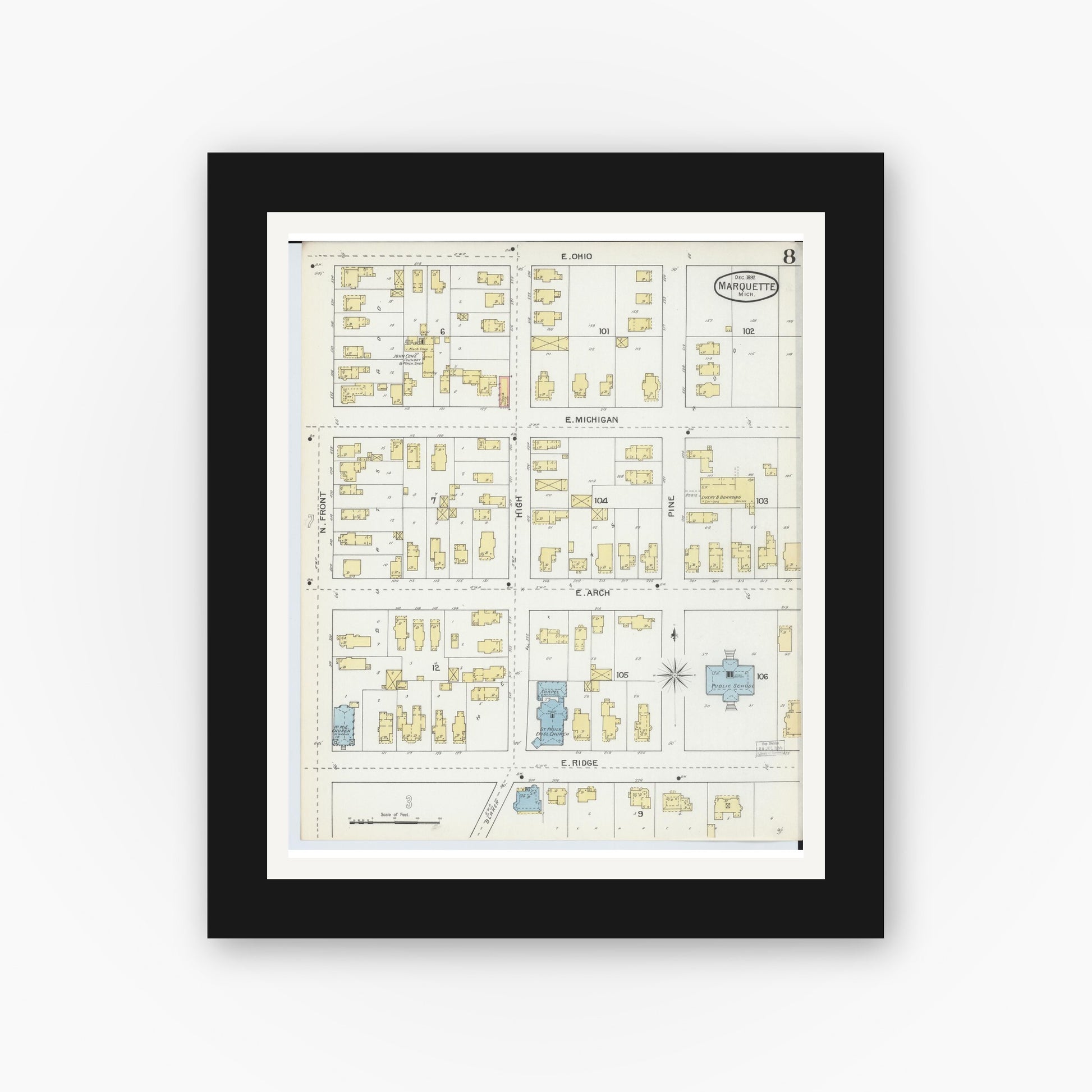 Old map wall art mockup — black gallery frame with white mat — Sanborn Fire Insurance Map from Marquette, Marquette County, Michigan (1892), Sheet #0008