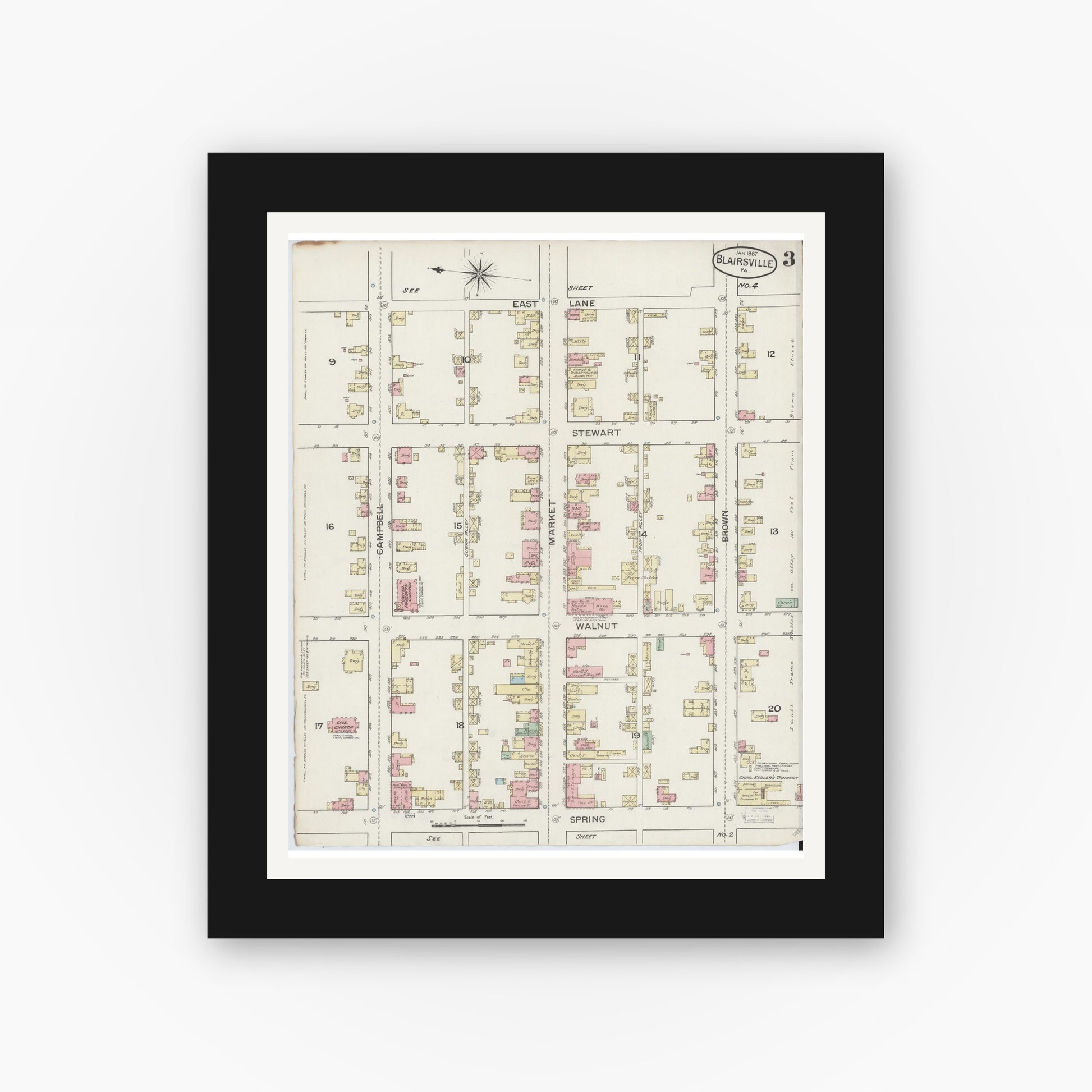 Old map wall art mockup — black gallery frame with white mat — Sanborn Fire Insurance Map from Blairsville, Indiana County, Pennsylvania (1887), Sheet #0003