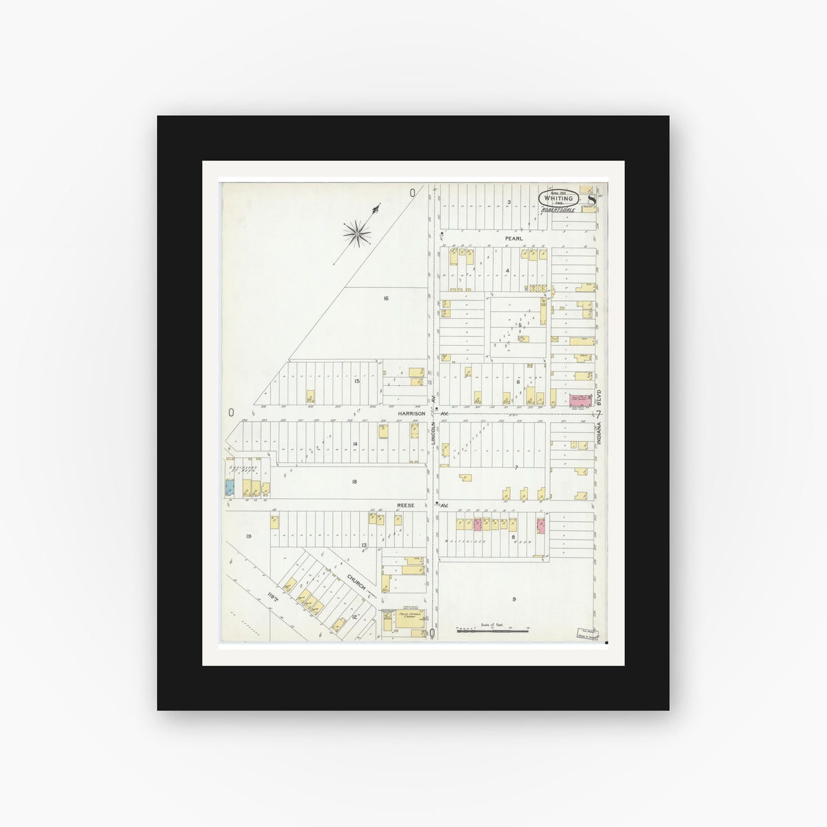 Old map wall art mockup — black gallery frame with white mat — Sanborn Fire Insurance Map from Whiting, Lake County, Indiana (1901), Sheet #0008