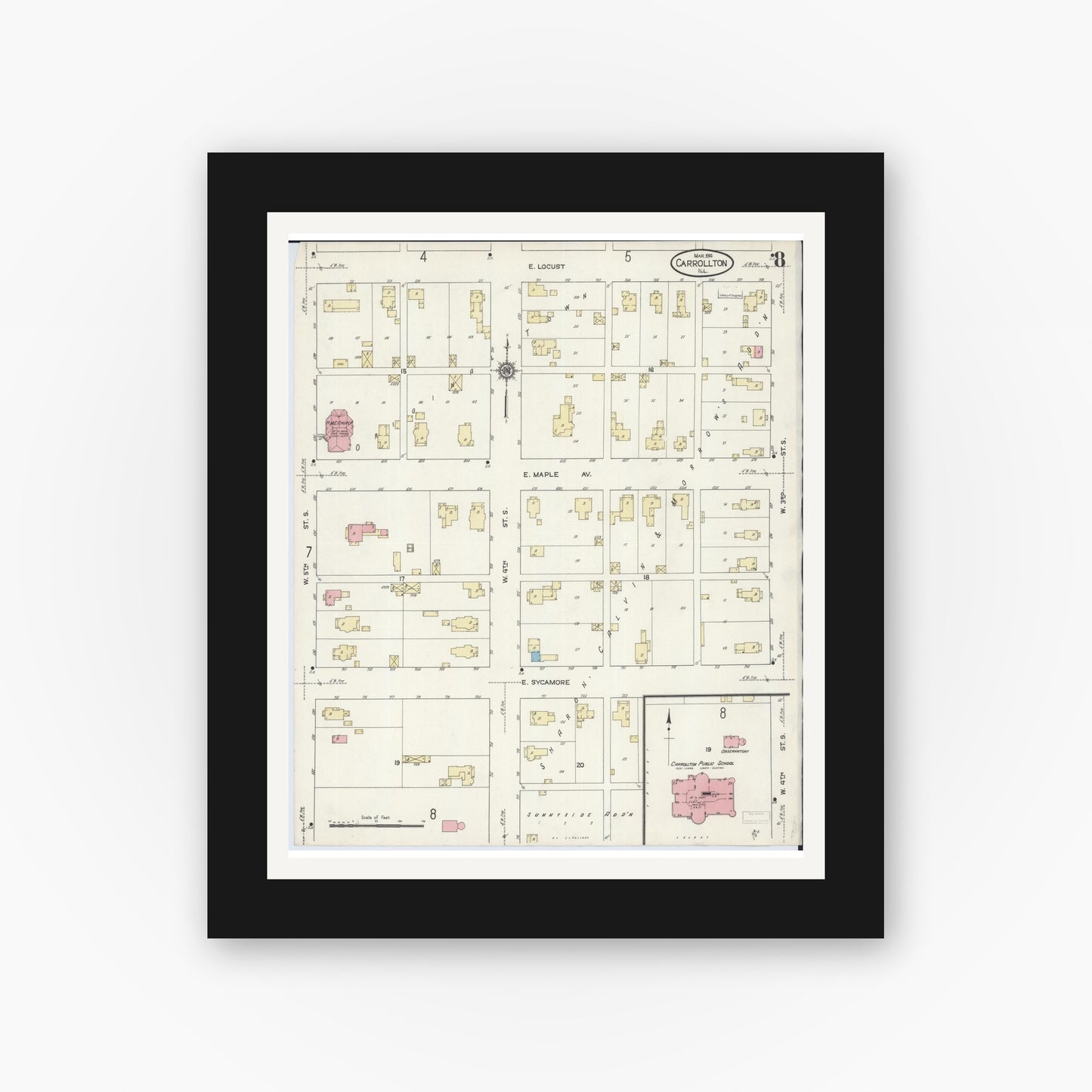 Old map wall art mockup — black gallery frame with white mat — Sanborn Fire Insurance Map from Carrollton, Greene County, Illinois (1914), Sheet #0008