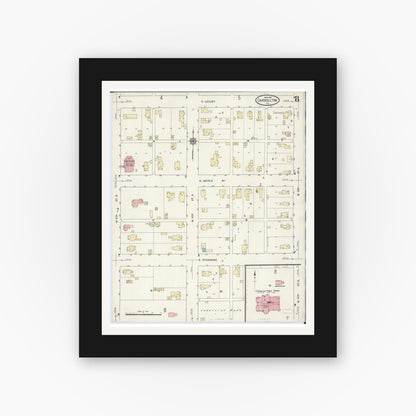 Old map wall art mockup — black gallery frame with white mat — Sanborn Fire Insurance Map from Carrollton, Greene County, Illinois (1914), Sheet #0008