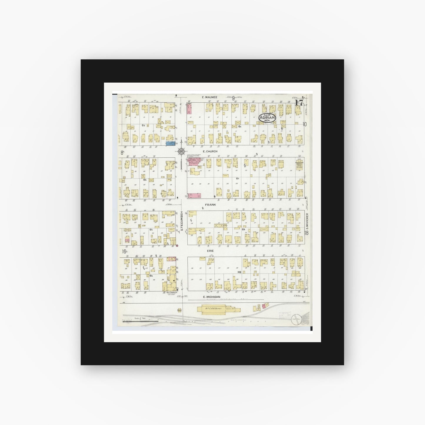 Old map wall art mockup — black gallery frame with white mat — Sanborn Fire Insurance Map from Adrian, Lenawee County, Michigan (1916), Sheet #0017