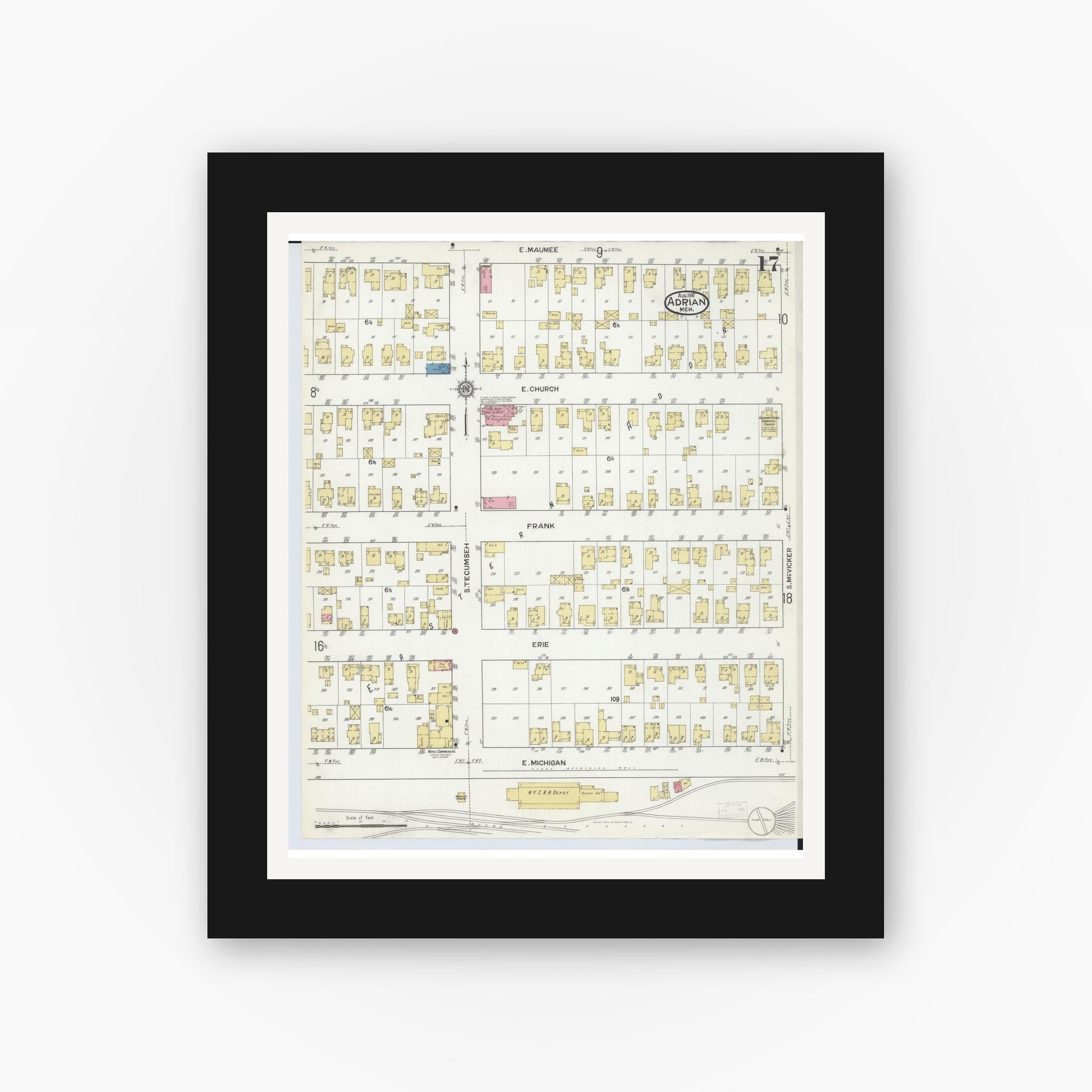 Old map wall art mockup — black gallery frame with white mat — Sanborn Fire Insurance Map from Adrian, Lenawee County, Michigan (1916), Sheet #0017