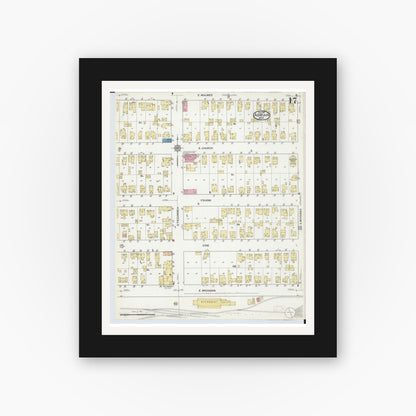 Old map wall art mockup — black gallery frame with white mat — Sanborn Fire Insurance Map from Adrian, Lenawee County, Michigan (1916), Sheet #0017