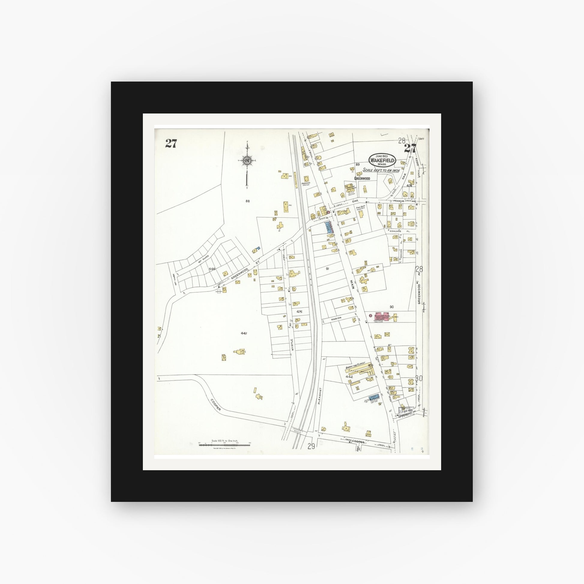 Old map wall art mockup — black gallery frame with white mat — Sanborn Fire Insurance Map from Wakefield, Middlesex County, Massachusetts (1923), Sheet #0027