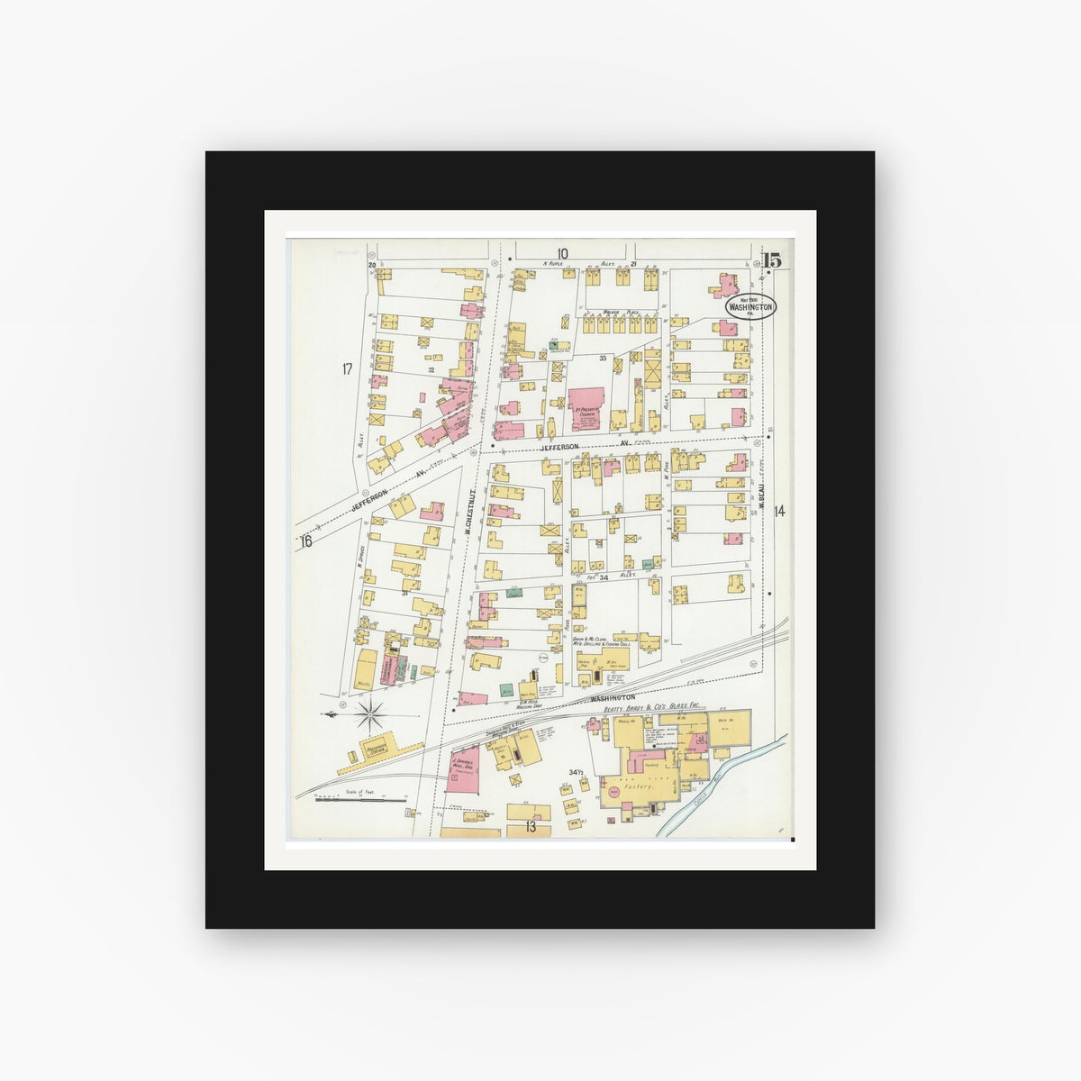 Old map wall art mockup — black gallery frame with white mat — Sanborn Fire Insurance Map from Washington, Washington County, Pennsylvania (1900), Sheet #0015