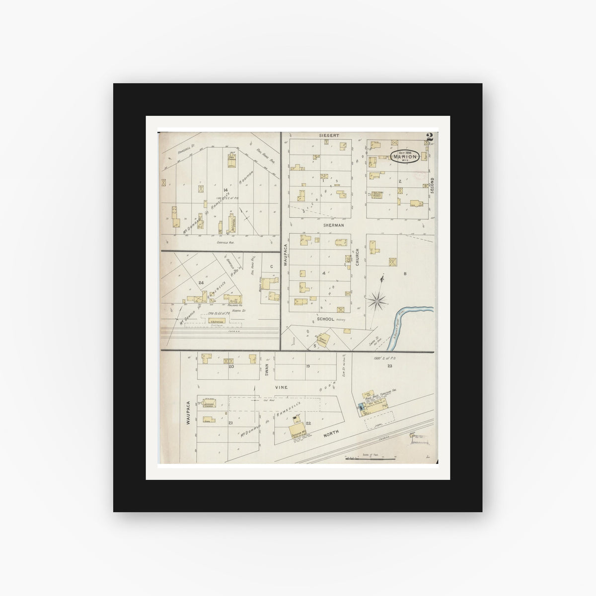Old map wall art mockup — black gallery frame with white mat — Sanborn Fire Insurance Map from Marion, Waupaca County, Wisconsin (1894), Sheet #0002