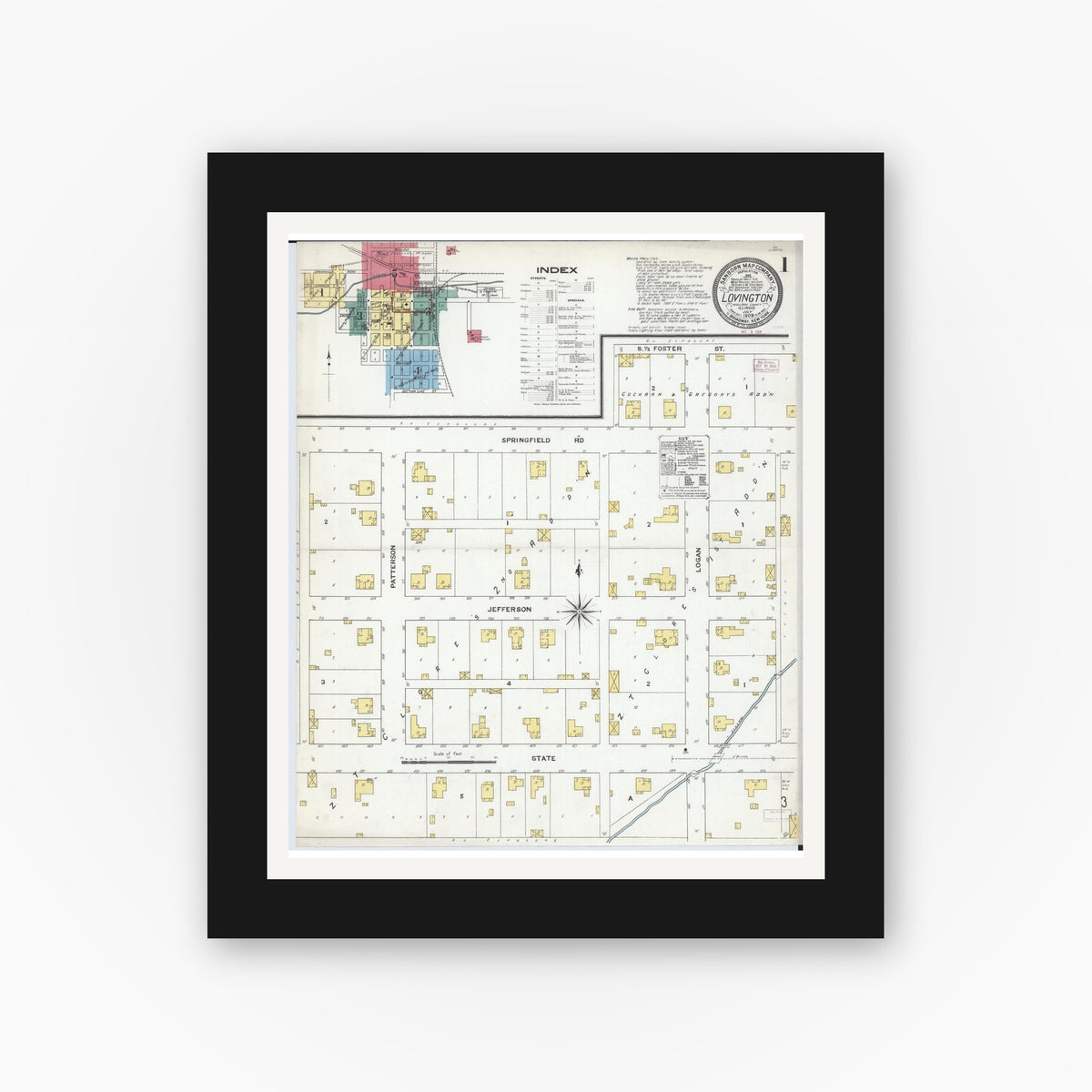 Old map wall art mockup — black gallery frame with white mat — Sanborn Fire Insurance Map from Lovington, Moultrie County, Illinois (1909) - Complete Map Set
