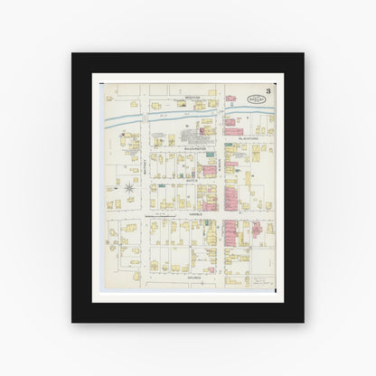 Old map wall art mockup — black gallery frame with white mat — Sanborn Fire Insurance Map from Shelby, Richland County, Ohio (1893), Sheet #0003