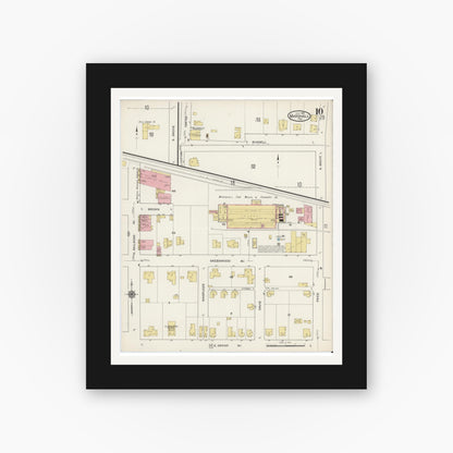Old map wall art mockup — black gallery frame with white mat — Sanborn Fire Insurance Map from Marshall, Harrison County, Texas (1915), Sheet #0010