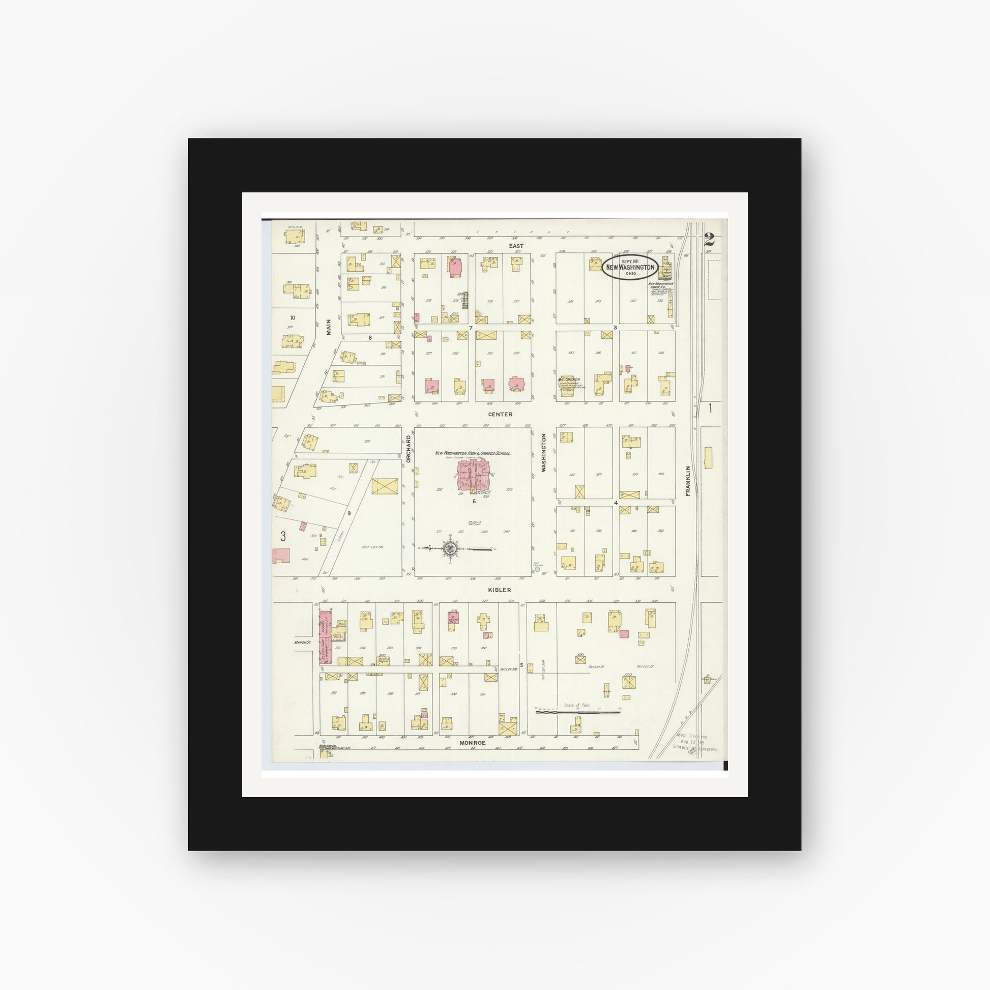 Old map wall art mockup — black gallery frame with white mat — Sanborn Fire Insurance Map from New Washington, Crawford County, Ohio (1911), Sheet #0002
