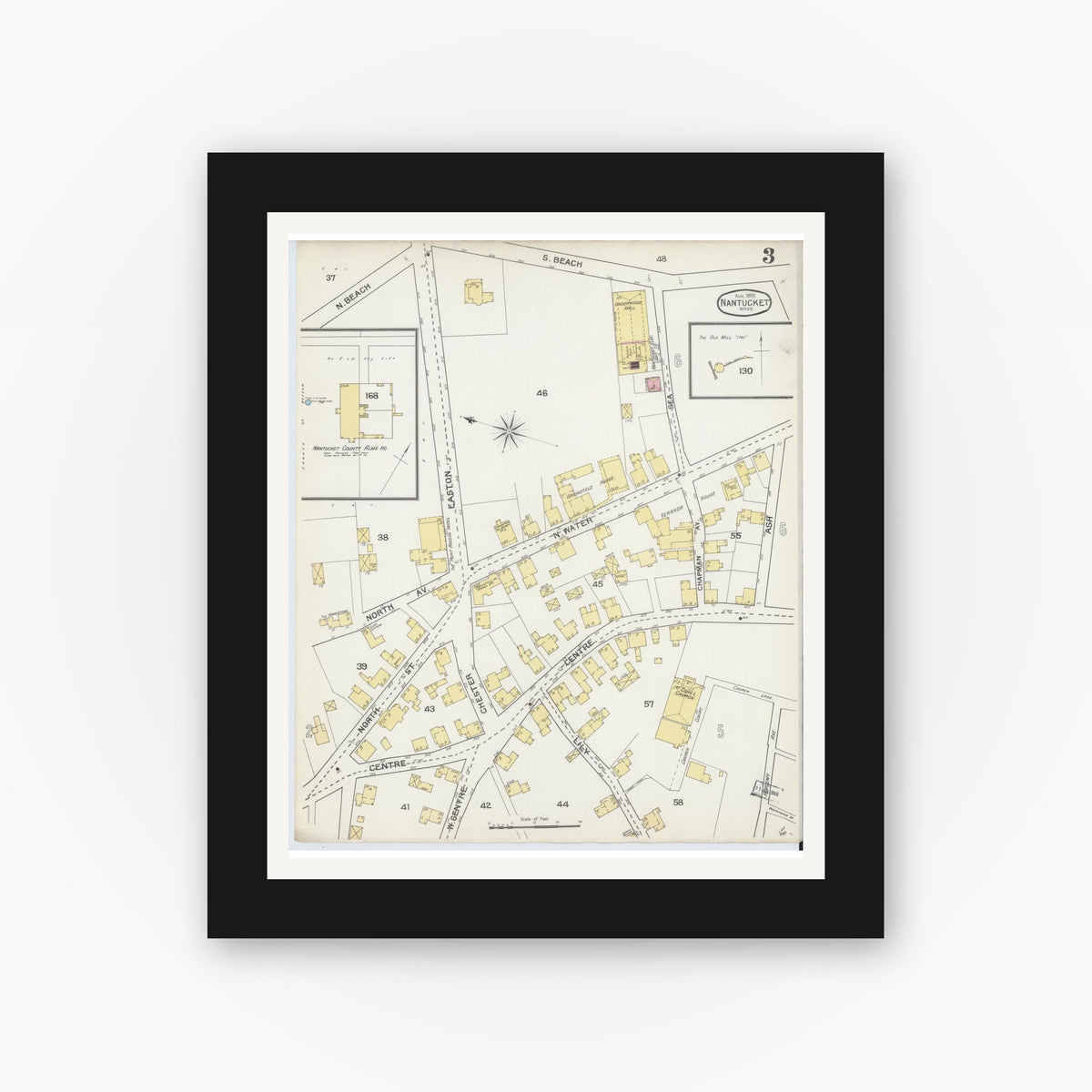 Old map wall art mockup — black gallery frame with white mat — Sanborn Fire Insurance Map from Nantucket, Nantucket County, Massachusetts (1892), Sheet #0003