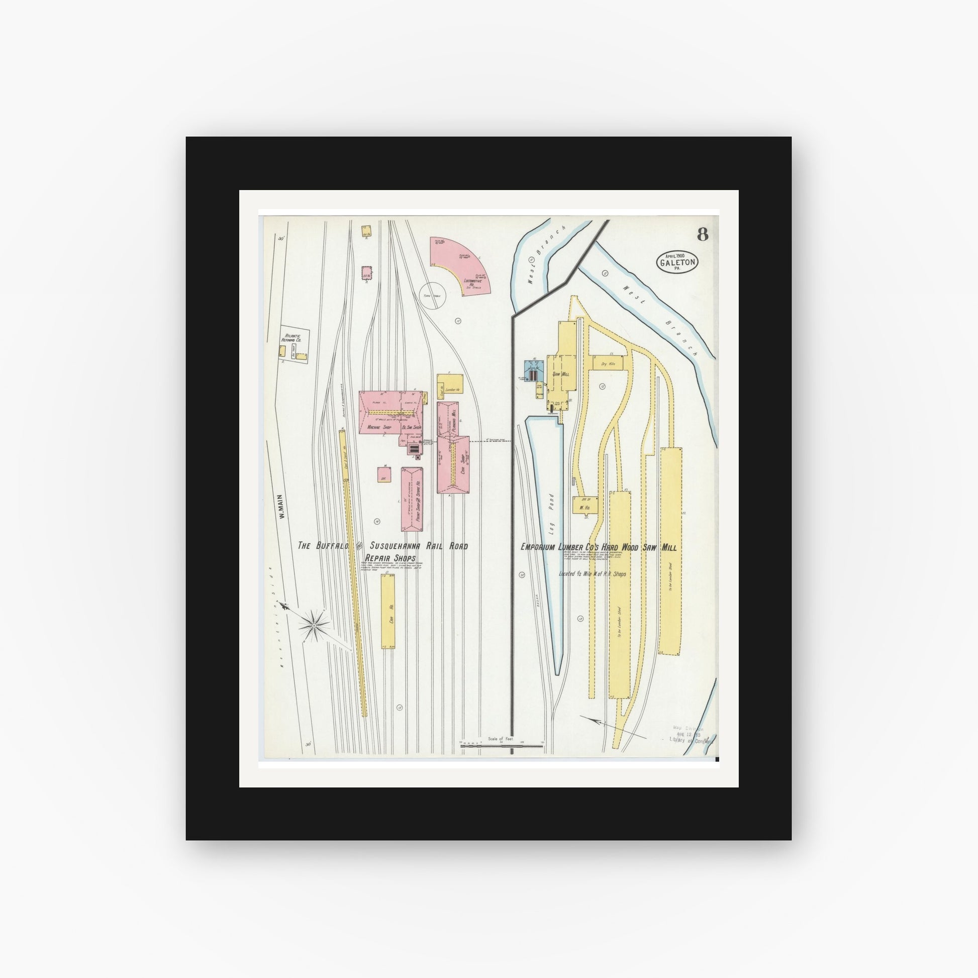Old map wall art mockup — black gallery frame with white mat — Sanborn Fire Insurance Map from Galeton, Potter County, Pennsylvania (1900), Sheet #0008
