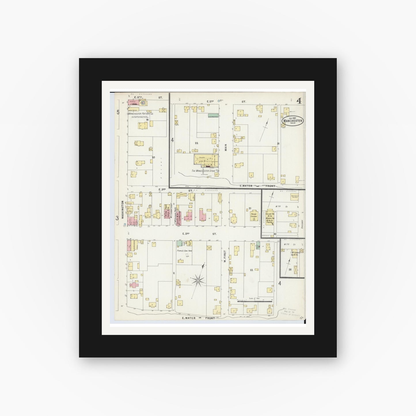 Old map wall art mockup — black gallery frame with white mat — Sanborn Fire Insurance Map from Manchester, Adams County, Ohio (1897), Sheet #0004