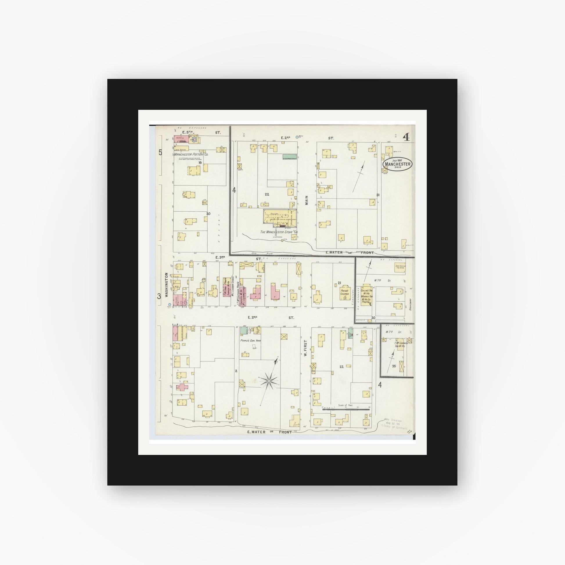 Old map wall art mockup — black gallery frame with white mat — Sanborn Fire Insurance Map from Manchester, Adams County, Ohio (1897), Sheet #0004