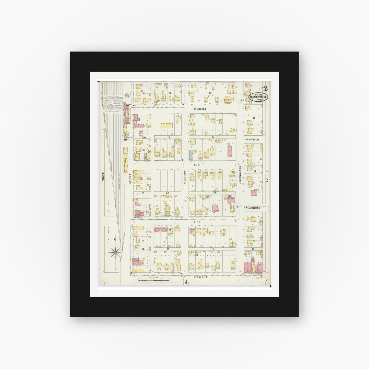 Old map wall art mockup — black gallery frame with white mat — Sanborn Fire Insurance Map from Murphysboro, Jackson County, Illinois (1897), Sheet #0002