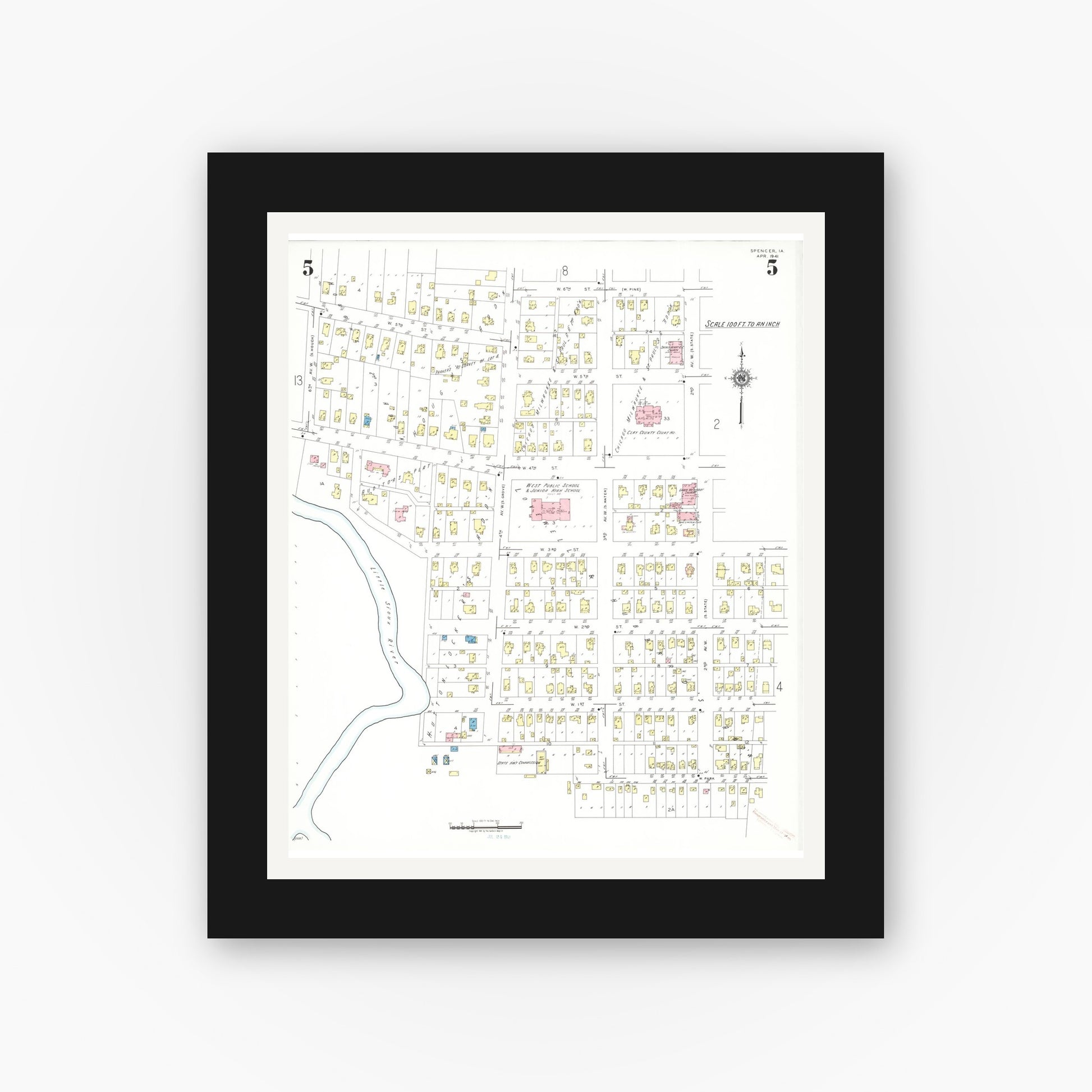 Old map wall art mockup — black gallery frame with white mat — Sanborn Fire Insurance Map from Spencer, Clay County, Iowa (1941), Sheet #0005