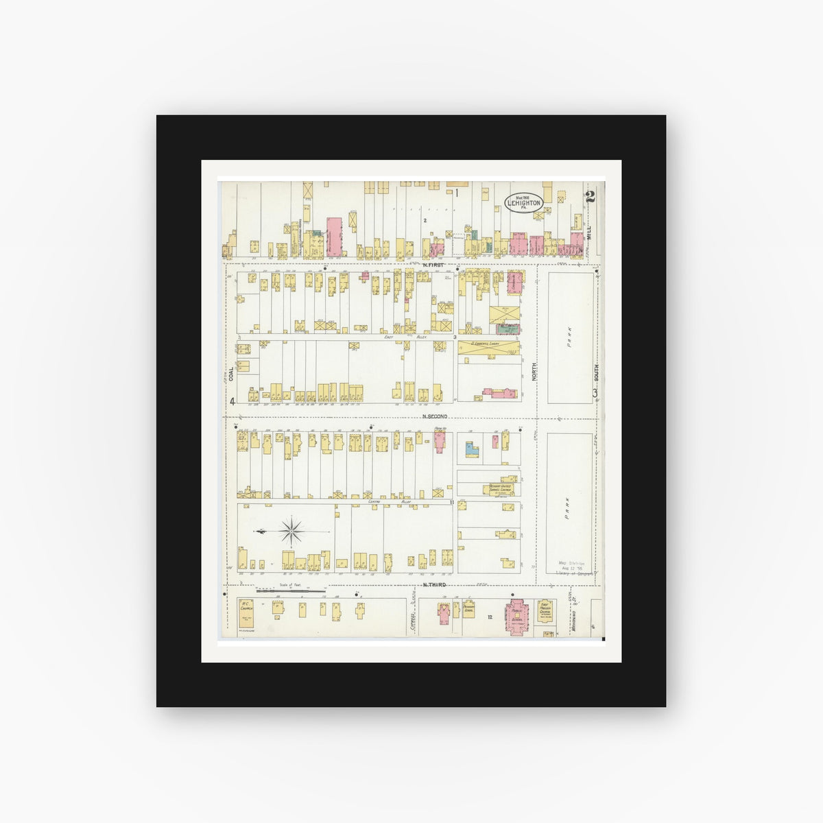 Old map wall art mockup — black gallery frame with white mat — Sanborn Fire Insurance Map from Lehighton, Carbon County, Pennsylvania (1902), Sheet #0002