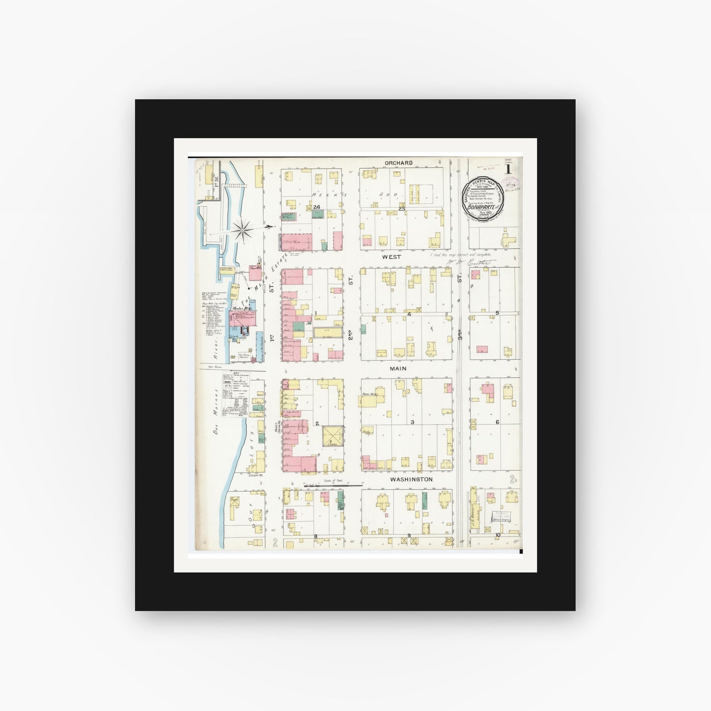 Old map wall art mockup — black gallery frame with white mat — Sanborn Fire Insurance Map from Bonaparte, Van Buren County, Iowa (1893) â€” Complete Set